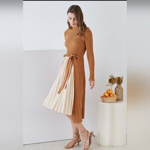 Chicwish Women's Front Pleats Splicing Belted Hi-Low Caramel Knit Dress XS GUC!